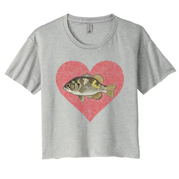 Rock Bass Valentines Day Fish Love Fingerprint Gift Women's Crop Top Tee