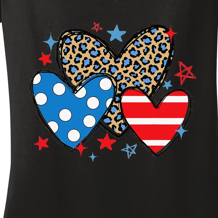 Red Blue White Heart Star Patriotic Happy 4th Of July Women's V-Neck T-Shirt