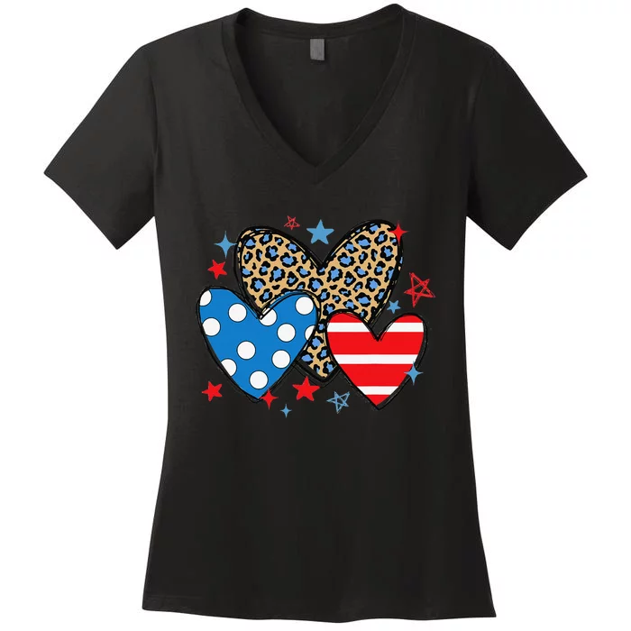 Red Blue White Heart Star Patriotic Happy 4th Of July Women's V-Neck T-Shirt