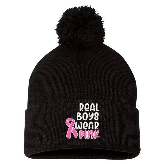 Real Boy Wear Pink Ribbon Cute Breast Cancer Awareness Kids Pom Pom 12in Knit Beanie