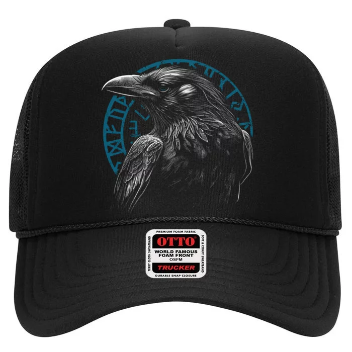 Raven Bird With Viking Rune High Crown Mesh Trucker Hat