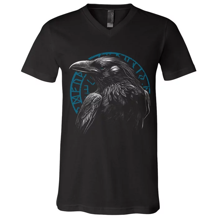 Raven Bird With Viking Rune V-Neck T-Shirt