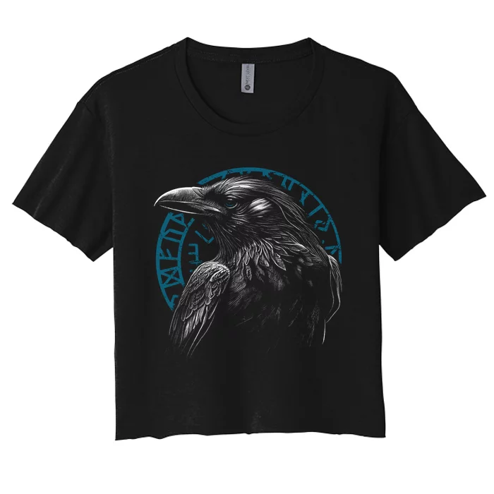 Raven Bird With Viking Rune Women's Crop Top Tee