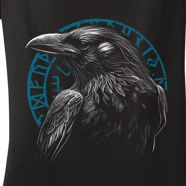 Raven Bird With Viking Rune Women's V-Neck T-Shirt