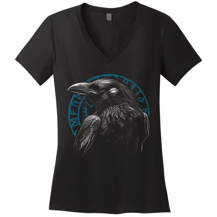 Raven Bird With Viking Rune Women's V-Neck T-Shirt