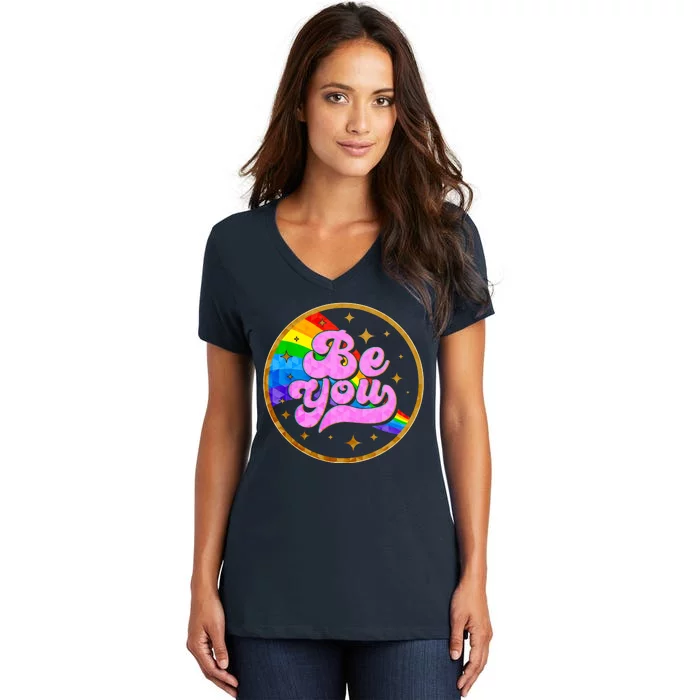 Retro Be You Rainbow Emblem Women's V-Neck T-Shirt