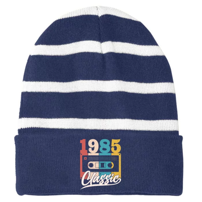 Retro Classic 1985 Birthday Cassette Tape Striped Beanie with Solid Band