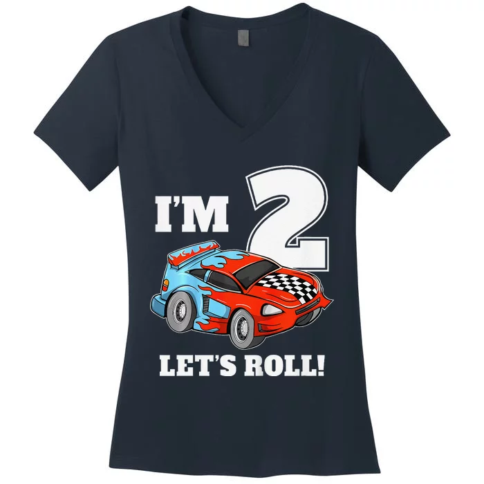 Race Car 2nd Birthday Boy 2 Two Racing Car Driver Women's V-Neck T-Shirt