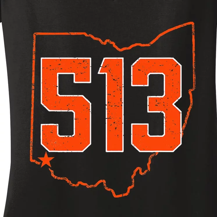 Retro Cincinnati 513 Area Code Ohio Women's V-Neck T-Shirt