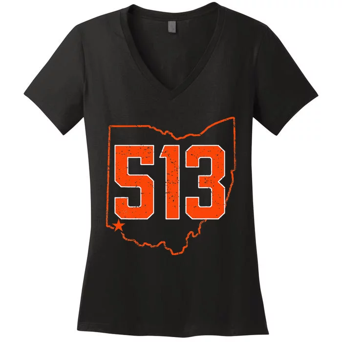 Retro Cincinnati 513 Area Code Ohio Women's V-Neck T-Shirt