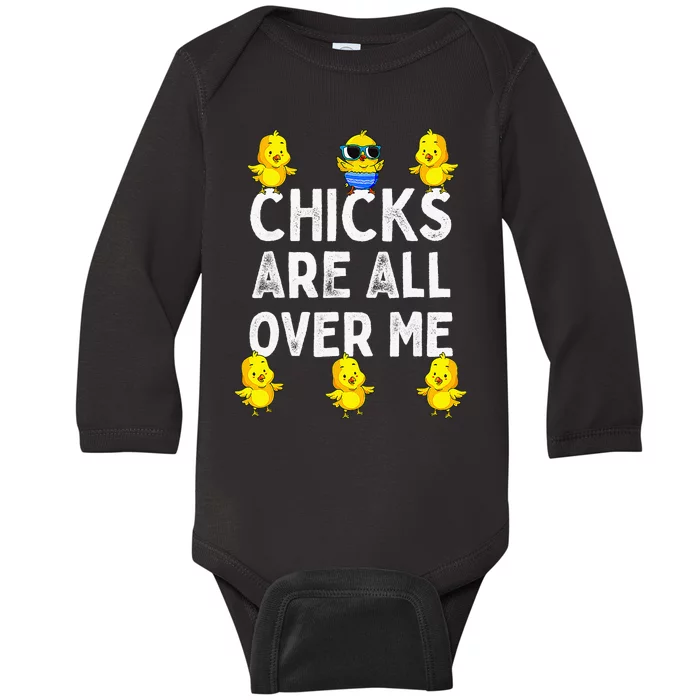 Retro Chicks Are All Over Me Baby Funny Chicken Lover Farm Baby Long Sleeve Bodysuit