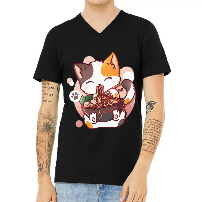 Ramen Cat Anime Kawaii Neko Japanese V-Neck T-Shirt