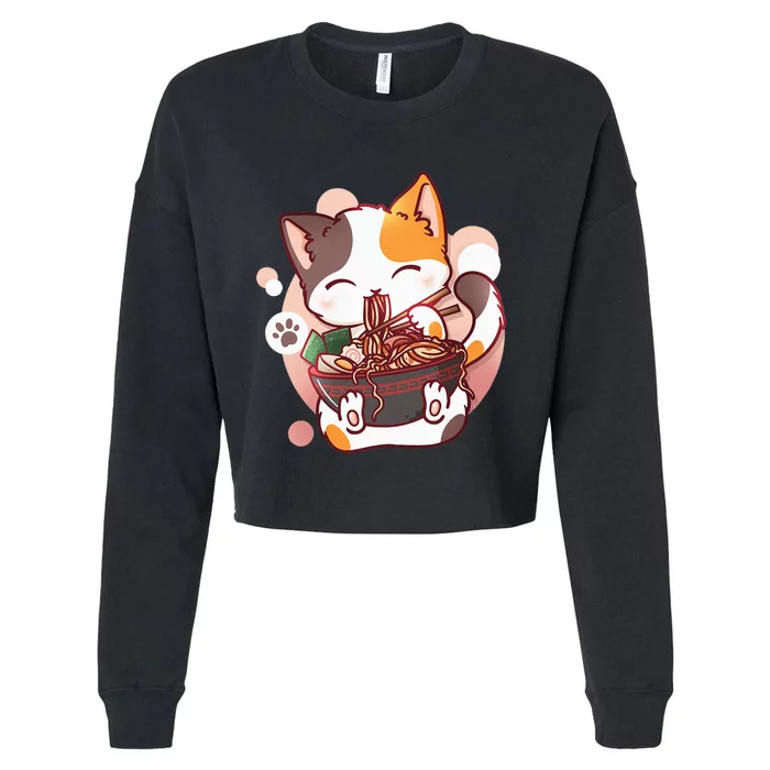 Ramen Cat Anime Kawaii Neko Japanese Cropped Pullover Crew