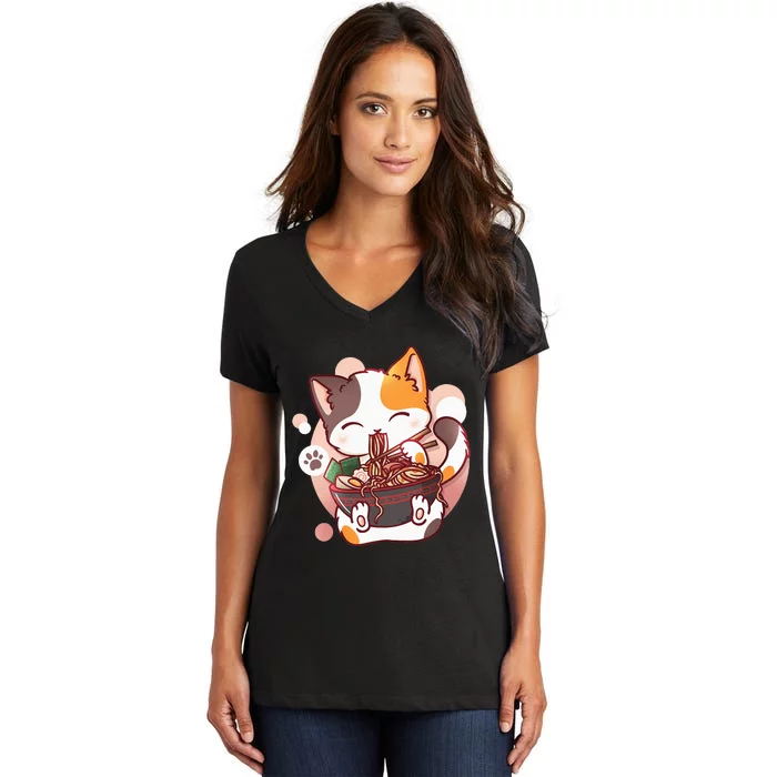 Ramen Cat Anime Kawaii Neko Japanese Women's V-Neck T-Shirt