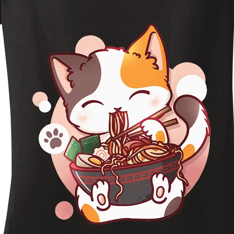 Ramen Cat Anime Kawaii Neko Japanese Women's V-Neck T-Shirt