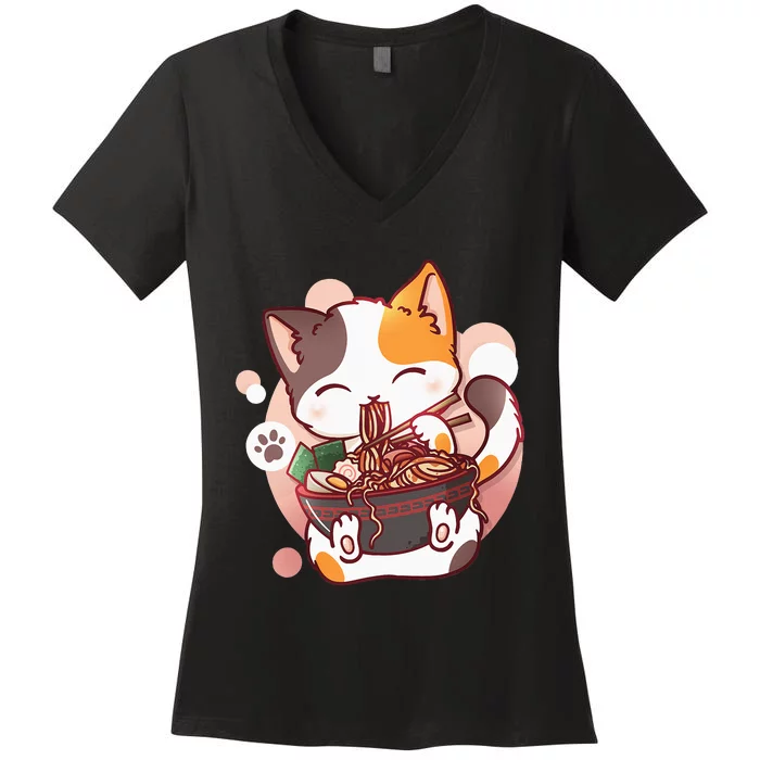 Ramen Cat Anime Kawaii Neko Japanese Women's V-Neck T-Shirt