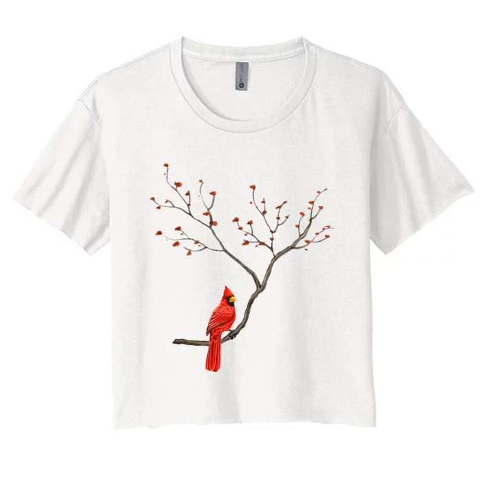 Red Cardinal Bird Lovers Birdwatching Birding Vintage Women's Crop Top Tee