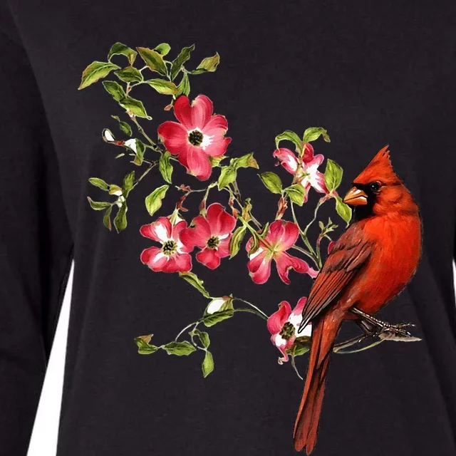 Red Cardinal Bird And Pink Flowering Dogwood Blossoms Womens Cotton Relaxed Long Sleeve T-Shirt