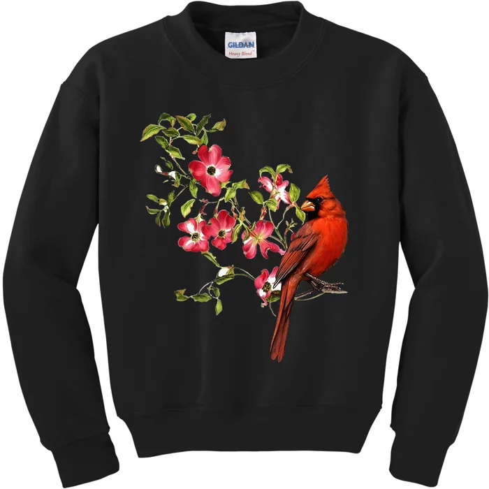 Red Cardinal Bird And Pink Flowering Dogwood Blossoms Kids Sweatshirt