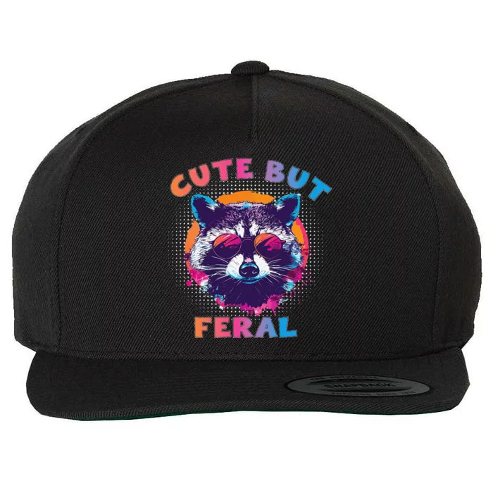 Raccoon Cute But Feral Colorful Funny Raccoon Feral Wool Snapback Cap