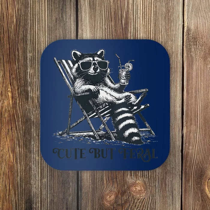 Raccoon Cute But Feral Funny Summer Design Coaster