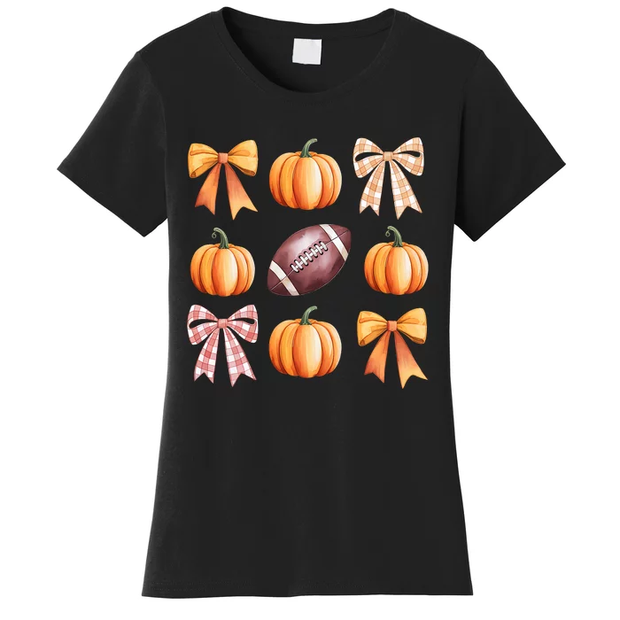 Retro Coquette Bow Pumpkin American Football Thanksgiving Women's T-Shirt