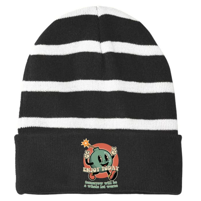 Retro Cartoon Bomb Nihilism Classic Fit Crew Neck Short Sleeve Black Striped Beanie with Solid Band