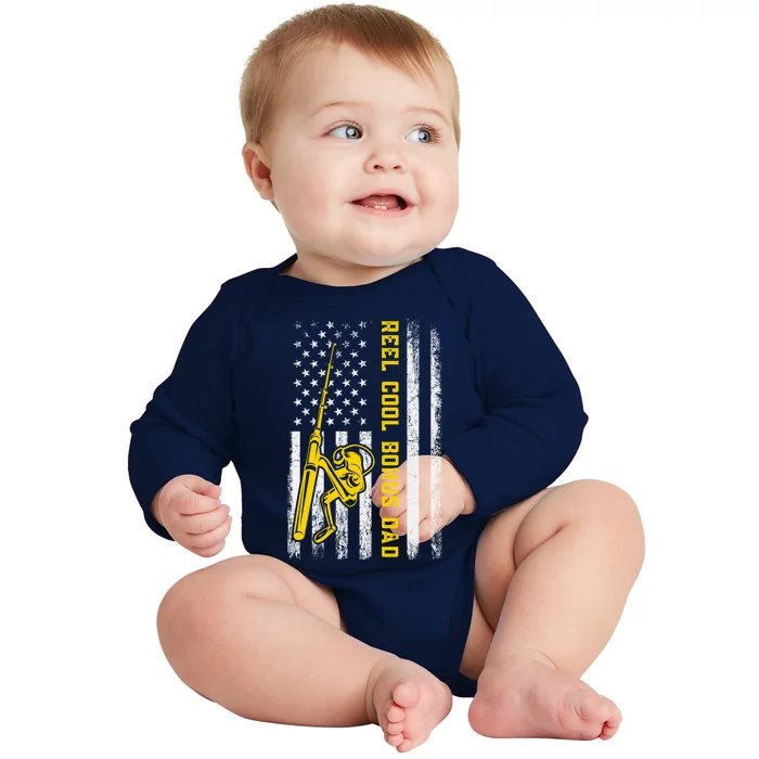 Reel Cool Bonus Dad Fishing American Flag Gift Baby Long Sleeve Bodysuit