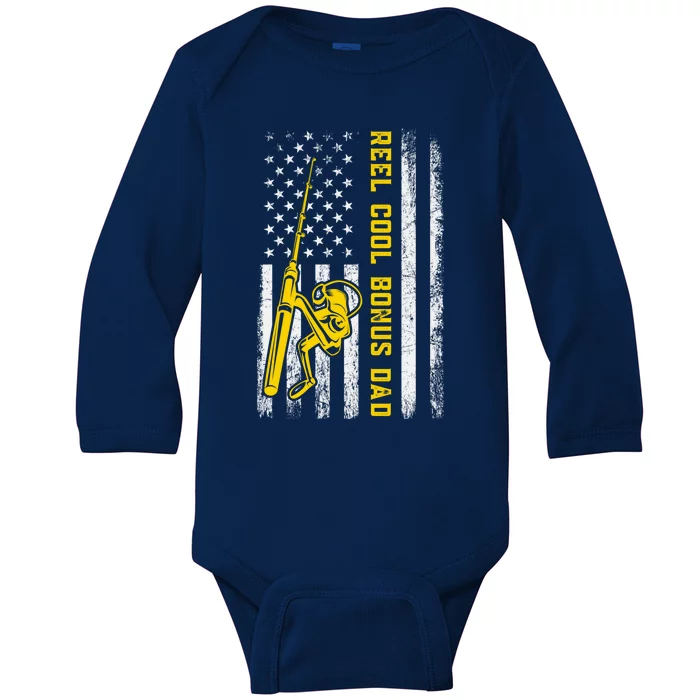 Reel Cool Bonus Dad Fishing American Flag Gift Baby Long Sleeve Bodysuit