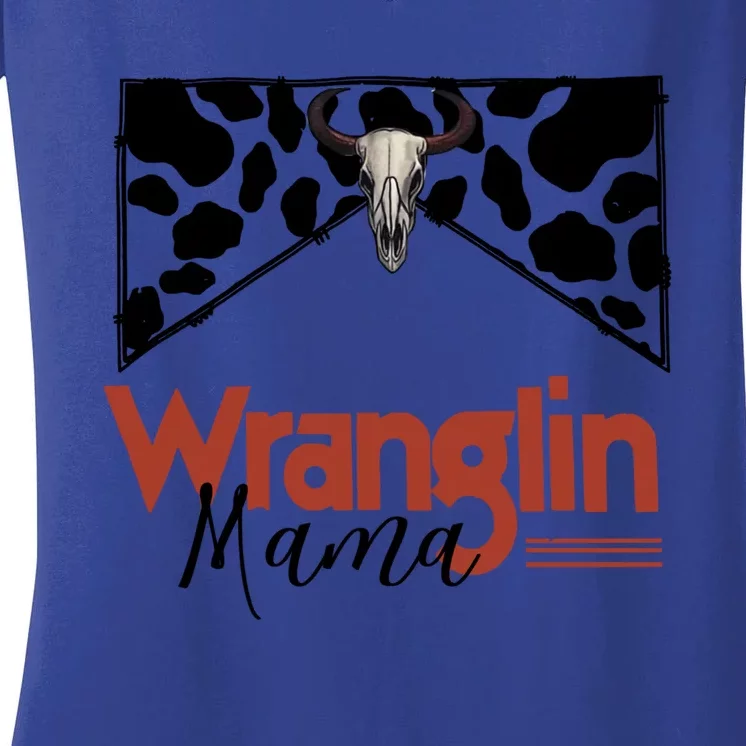 Retro Cowhide Bull Skull Wrangling Mama Western Country Gift Women's V-Neck T-Shirt