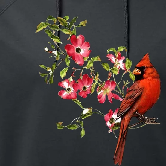 Red Cardinal Bird And Pink Flowering Dogwood Blossoms Performance Fleece Hoodie