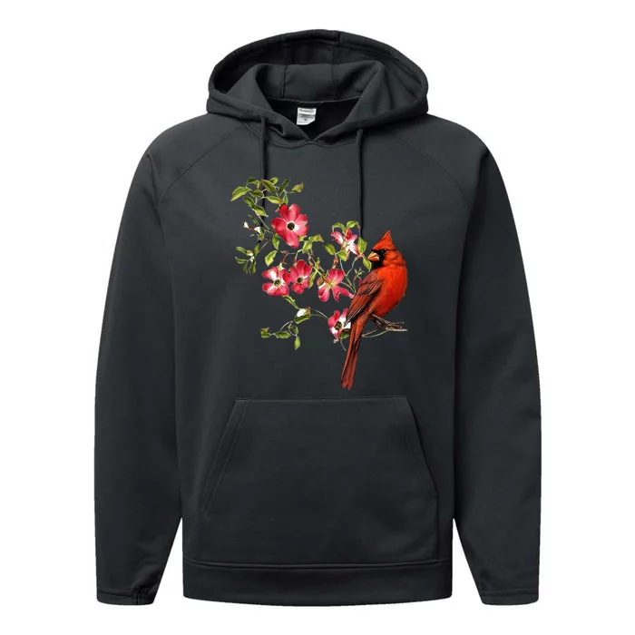 Red Cardinal Bird And Pink Flowering Dogwood Blossoms Performance Fleece Hoodie