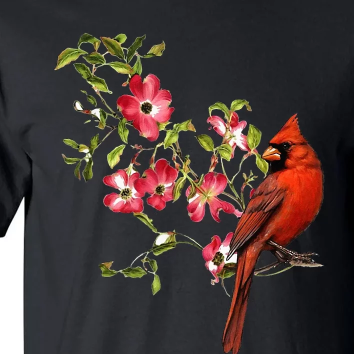 Red Cardinal Bird And Pink Flowering Dogwood Blossoms Tall T-Shirt