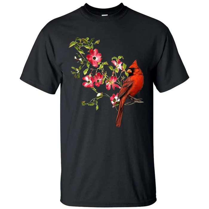 Red Cardinal Bird And Pink Flowering Dogwood Blossoms Tall T-Shirt