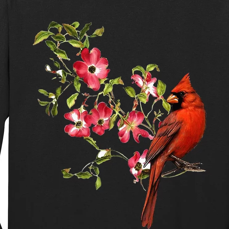 Red Cardinal Bird And Pink Flowering Dogwood Blossoms Tall Long Sleeve T-Shirt