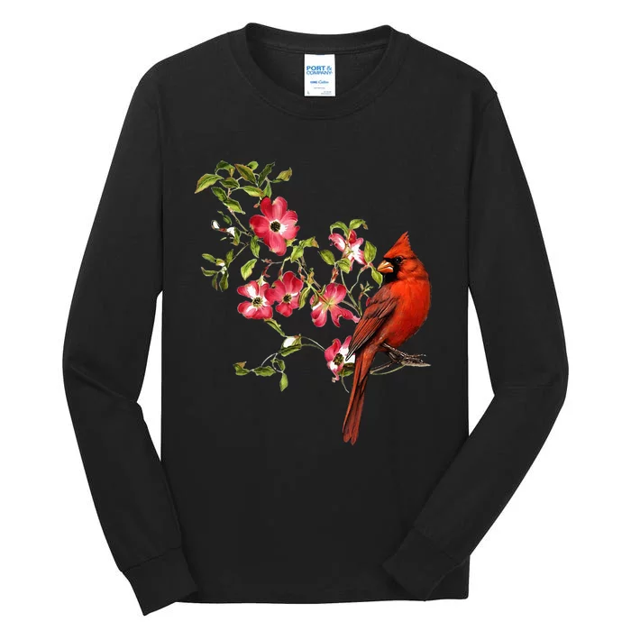 Red Cardinal Bird And Pink Flowering Dogwood Blossoms Tall Long Sleeve T-Shirt