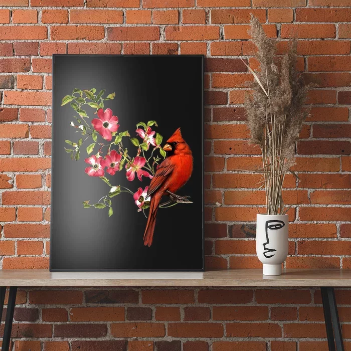 Red Cardinal Bird And Pink Flowering Dogwood Blossoms Poster