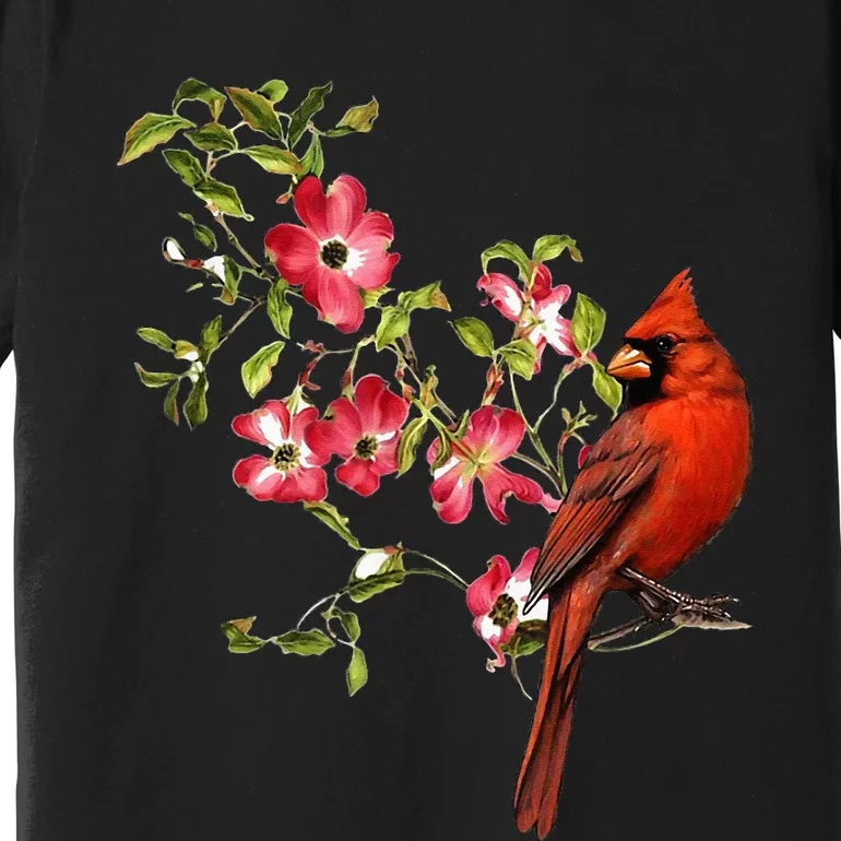 Red Cardinal Bird And Pink Flowering Dogwood Blossoms Premium T-Shirt