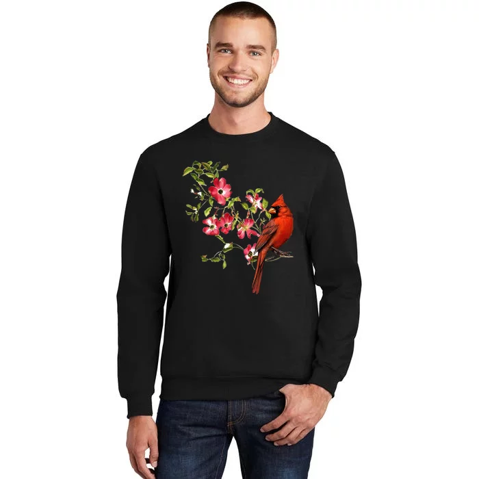 Red Cardinal Bird And Pink Flowering Dogwood Blossoms Tall Sweatshirt