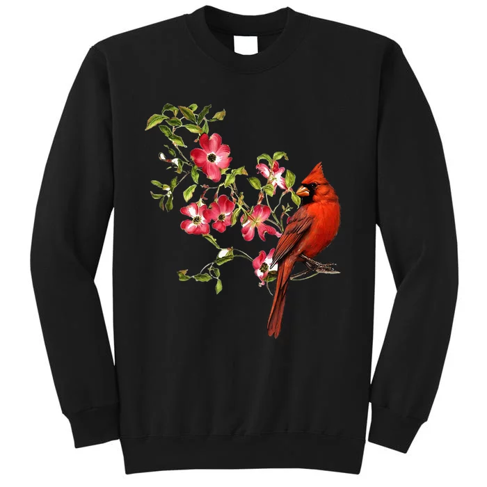 Red Cardinal Bird And Pink Flowering Dogwood Blossoms Tall Sweatshirt