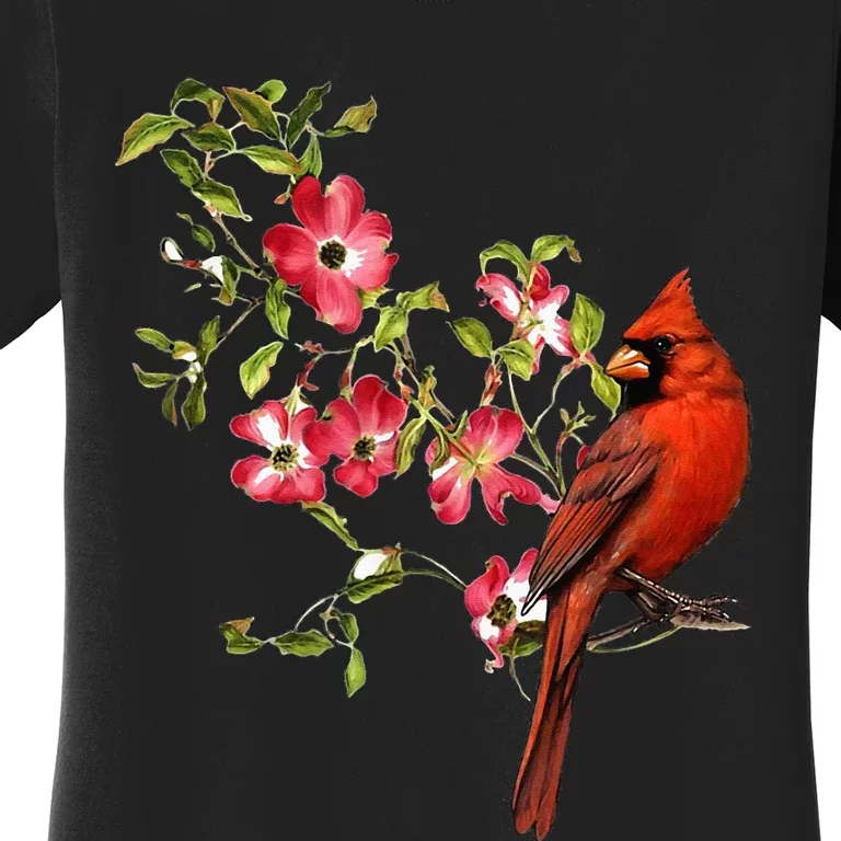 Red Cardinal Bird And Pink Flowering Dogwood Blossoms Women's T-Shirt