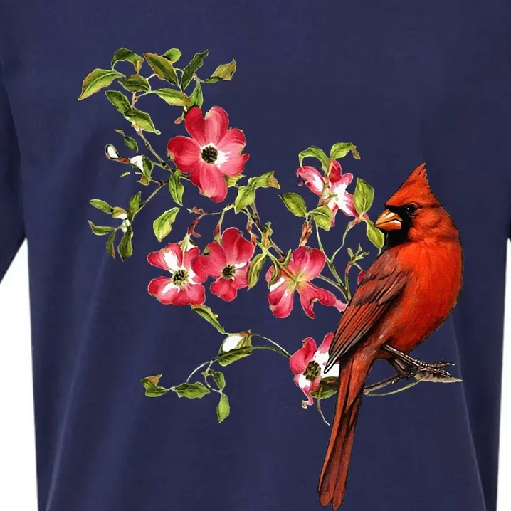 Red Cardinal Bird And Pink Flowering Dogwood Blossoms Sueded Cloud Jersey T-Shirt