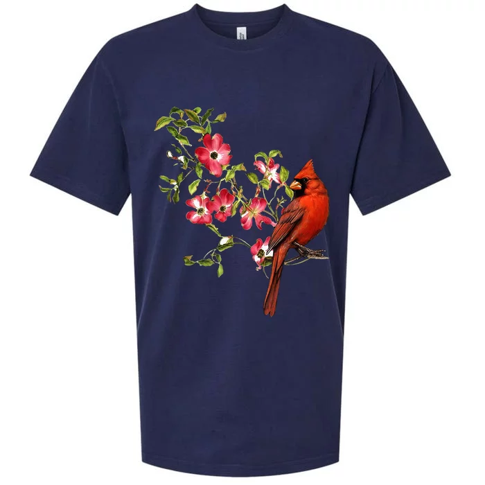 Red Cardinal Bird And Pink Flowering Dogwood Blossoms Sueded Cloud Jersey T-Shirt