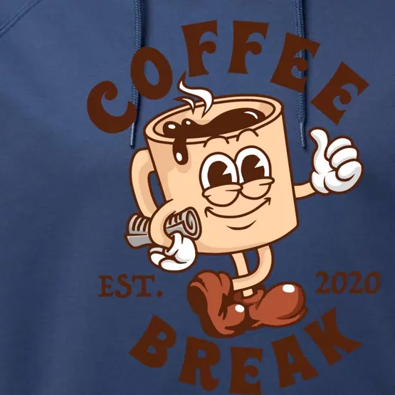 Retro Coffee Break Est 2020 Cartoon Logo Performance Fleece Hoodie