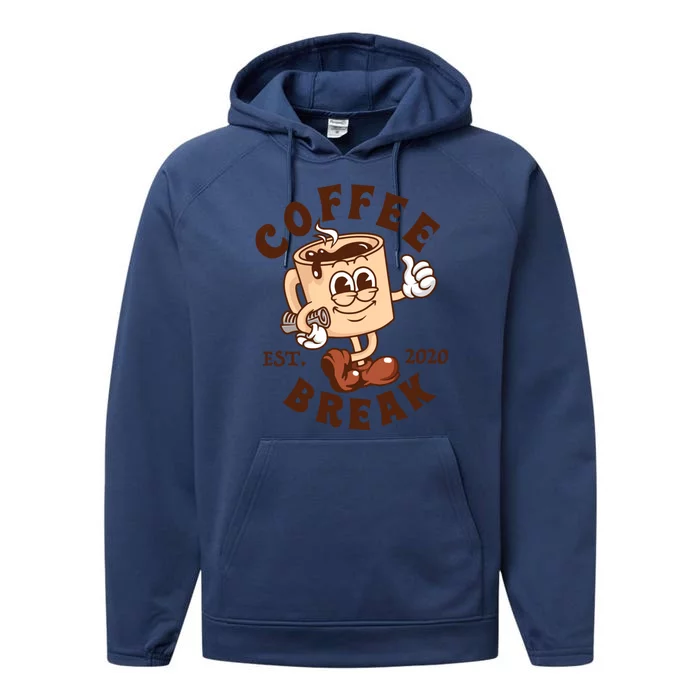 Retro Coffee Break Est 2020 Cartoon Logo Performance Fleece Hoodie