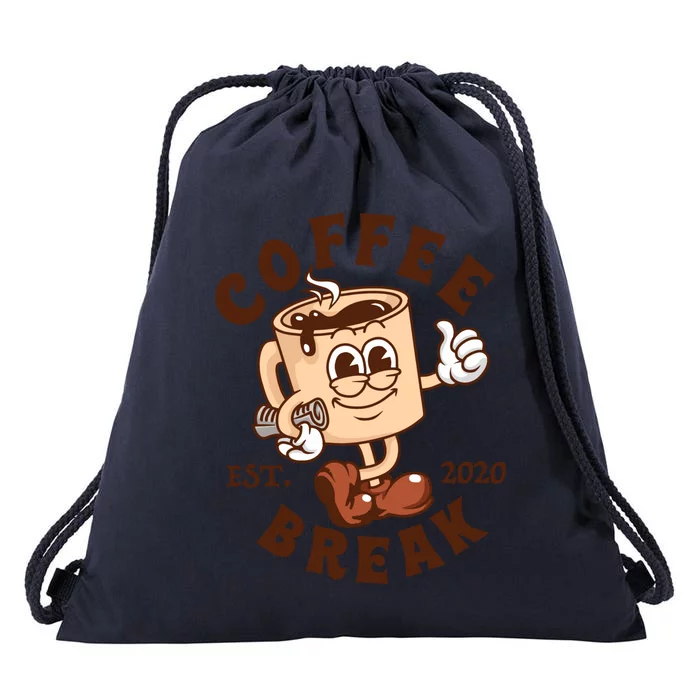 Retro Coffee Break Est 2020 Cartoon Logo Drawstring Bag