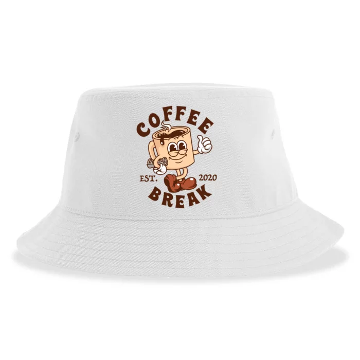 Retro Coffee Break Est 2020 Cartoon Logo Sustainable Bucket Hat