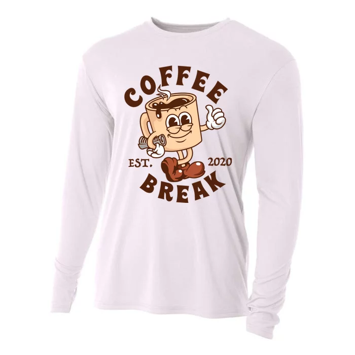 Retro Coffee Break Est 2020 Cartoon Logo Cooling Performance Long Sleeve Crew