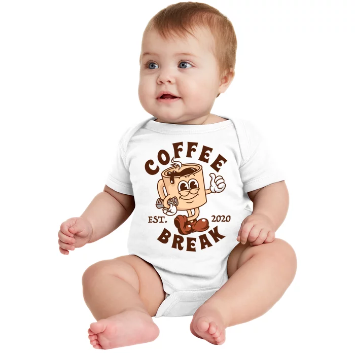 Retro Coffee Break Est 2020 Cartoon Logo Baby Bodysuit