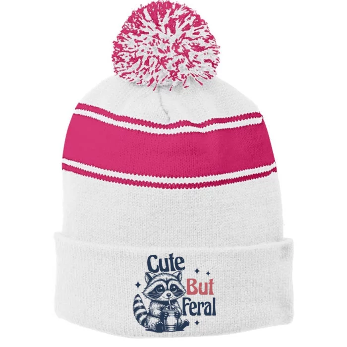 Raccoon Cute But Feral Vintage Stripe Pom Pom Beanie